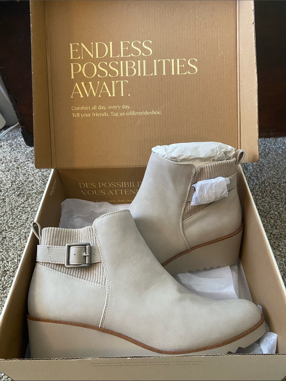 Life Stride Cream Wedge Ankle Booties with Side Buckle